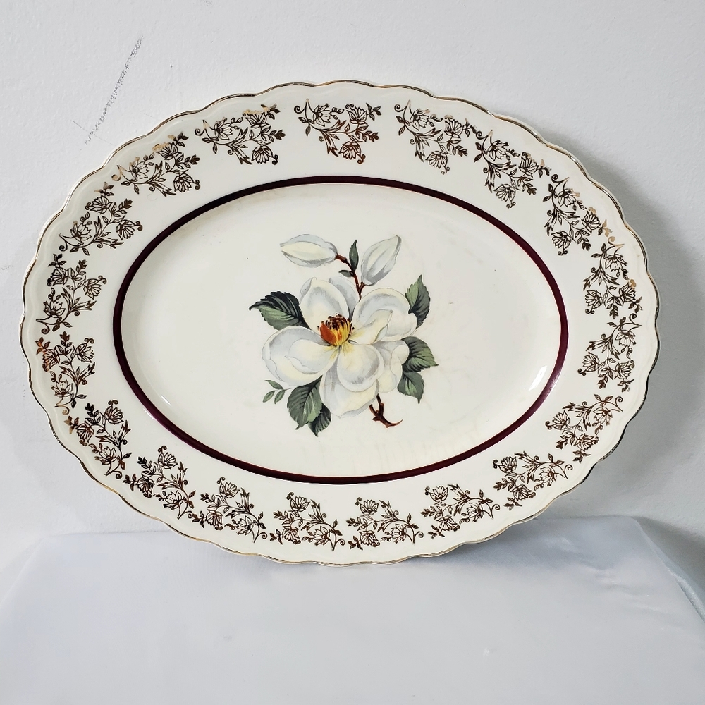 Woods Ivory Ware-England Plates Oval Floral Platter Gold Trim